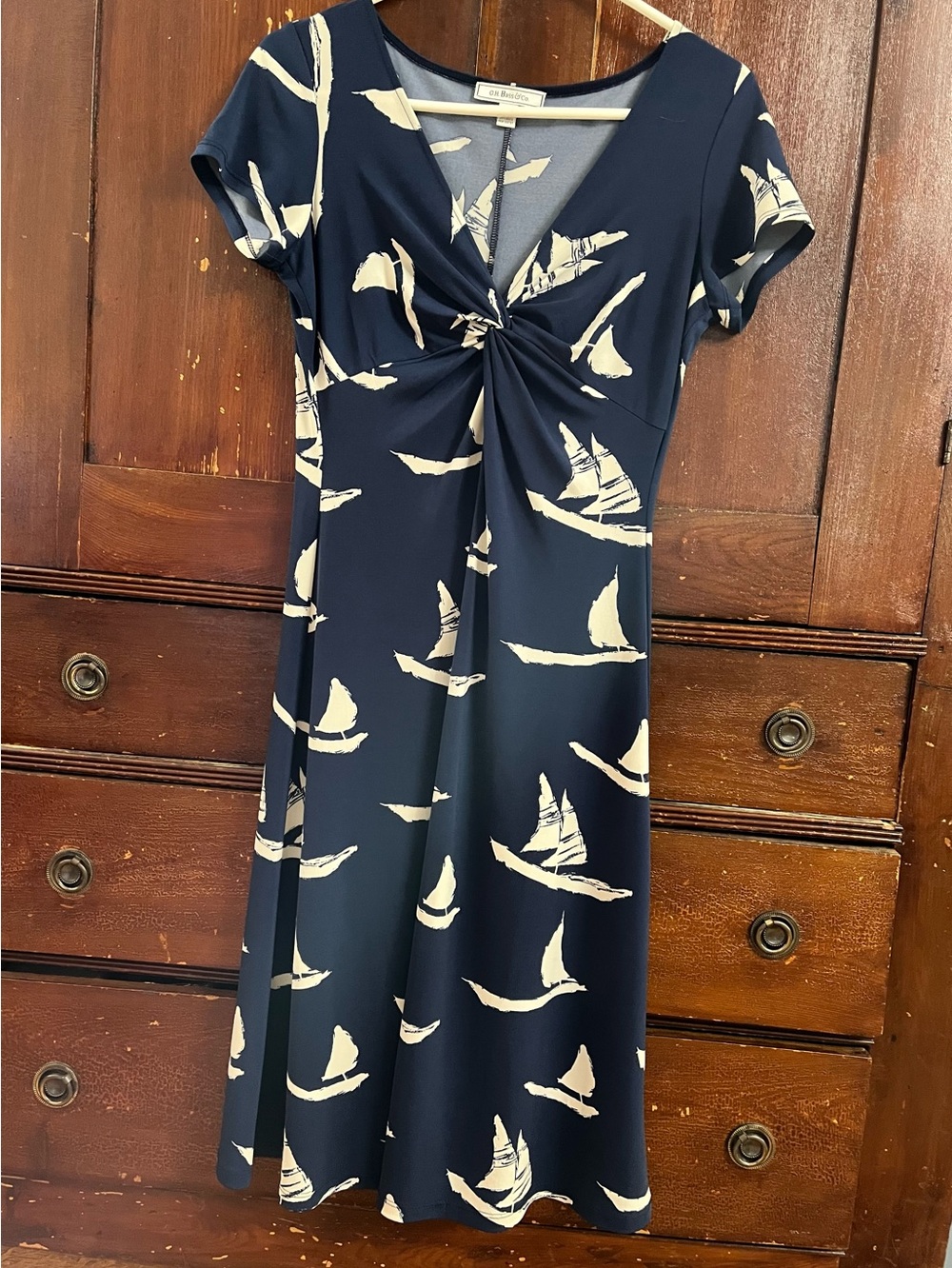 Navy Sailboat Twist-Front stretchy Dress nautical - Picture 3 of 11